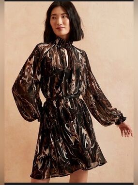 Banana Republic Black and Brown Marbled Long-Sleeve Mini Dress